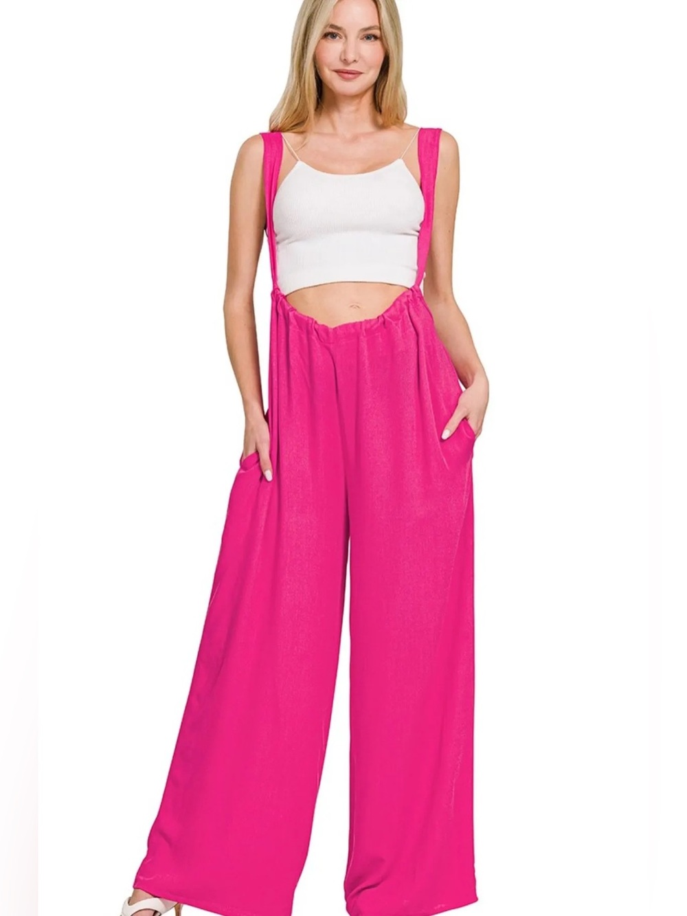 NWT Zenana Outfitters Pocketed Wide Strap Wide-Leg Tie Back Overalls